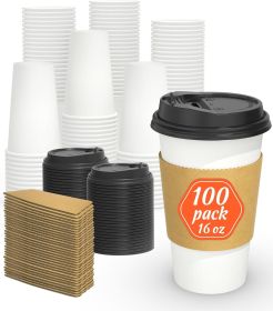 100 Pack 16 oz Disposable Coffee Cups with Lids and Sleeves, Sturdy Thick Paper Leak-free Insulated to Go Paper Hot Coffee Cups for Hot Cold Beverage