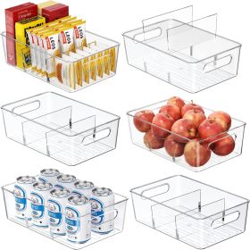 6 Pack Pantry Organizers and Storage,Clear Plastic Containers with 2 Dividers for Kitchen,Fridge Organization and Storage,Acrylic Bins for Pounches
